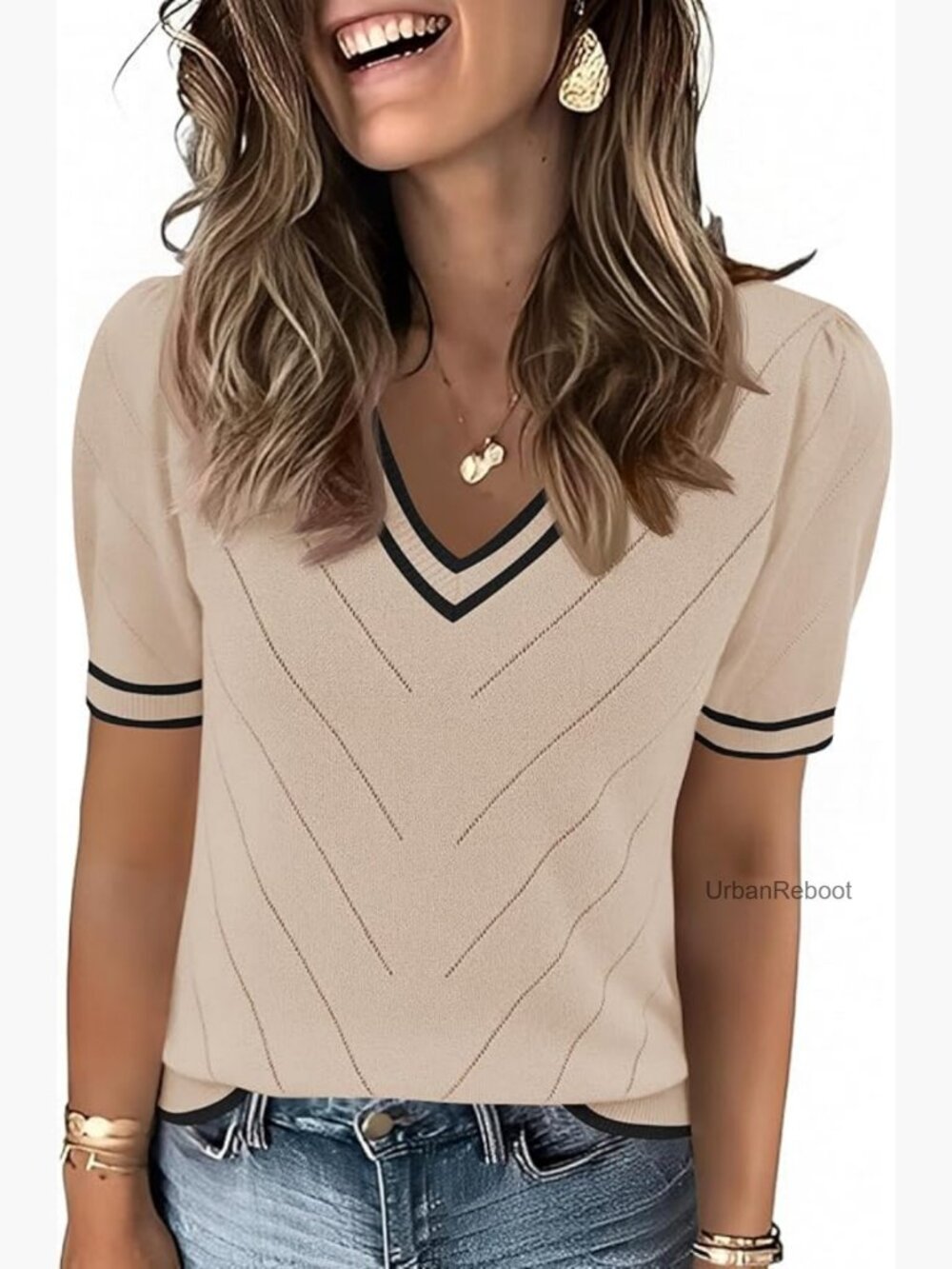 Puff Short Sleeve V-Neck Lightweight Knit Sweater Blouse